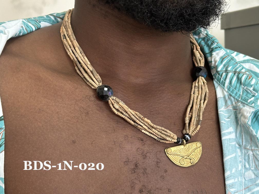 Smallest Excavated Clay Bead, Brass Bead, Inlaid Wooden Bead Necklaces - Mali