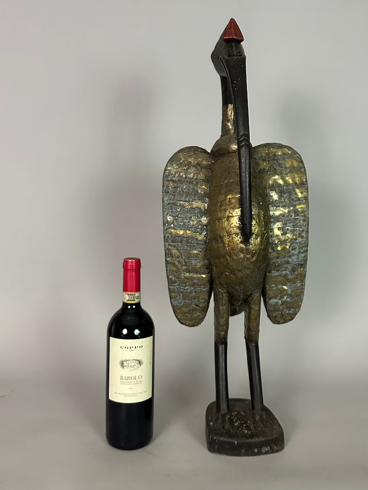 Senufo Contemporary Brass Repoussé-Covered Hornbill Statue | 27" - Mali