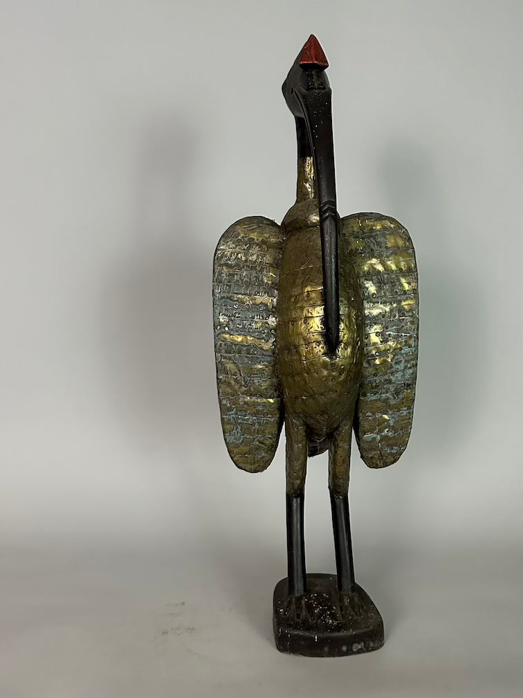Senufo Contemporary Brass Repoussé-Covered Hornbill Statue | 27" - Mali
