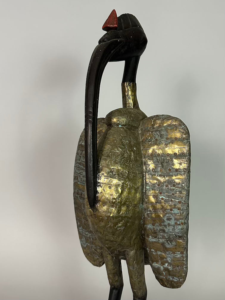 Senufo Contemporary Brass Repoussé-Covered Hornbill Statue | 27" - Mali