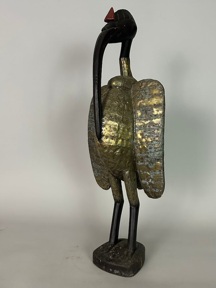 Senufo Contemporary Brass Repoussé-Covered Hornbill Statue | 27" - Mali