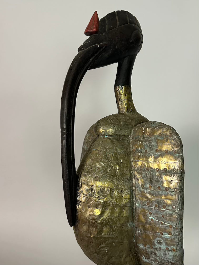 Senufo Contemporary Brass Repoussé-Covered Hornbill Statue | 27" - Mali
