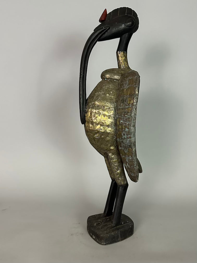 Senufo Contemporary Brass Repoussé-Covered Hornbill Statue | 27" - Mali