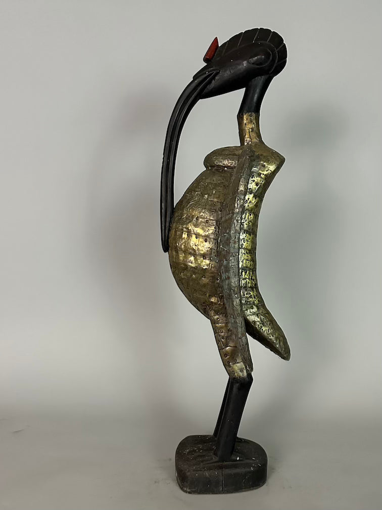 Senufo Contemporary Brass Repoussé-Covered Hornbill Statue | 27" - Mali
