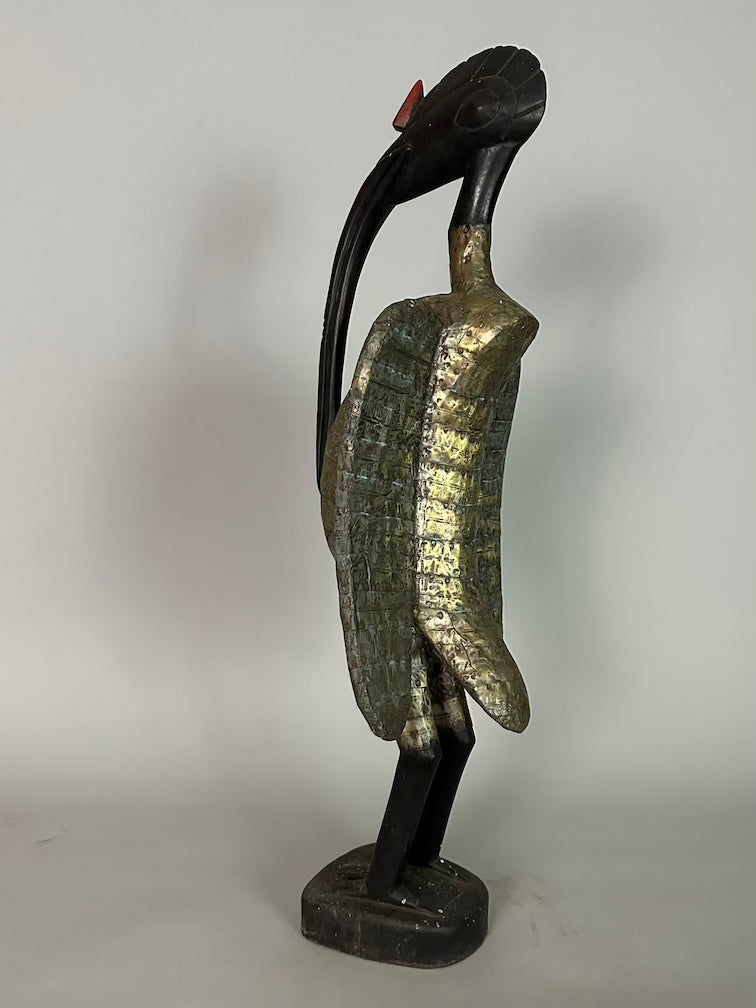 Senufo Contemporary Brass Repoussé-Covered Hornbill Statue | 27" - Mali