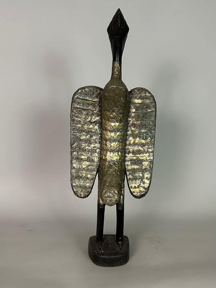 Senufo Contemporary Brass Repoussé-Covered Hornbill Statue | 27" - Mali