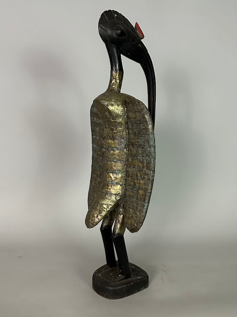 Senufo Contemporary Brass Repoussé-Covered Hornbill Statue | 27" - Mali