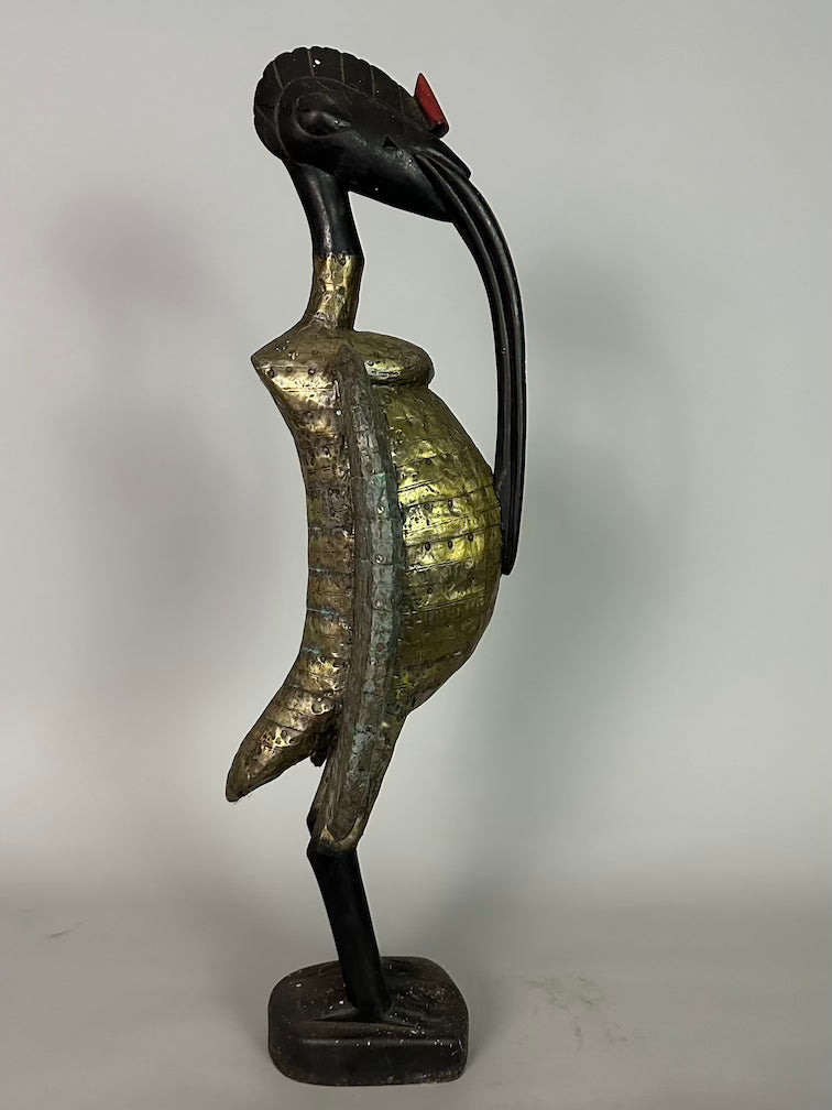 Senufo Contemporary Brass Repoussé-Covered Hornbill Statue | 27" - Mali