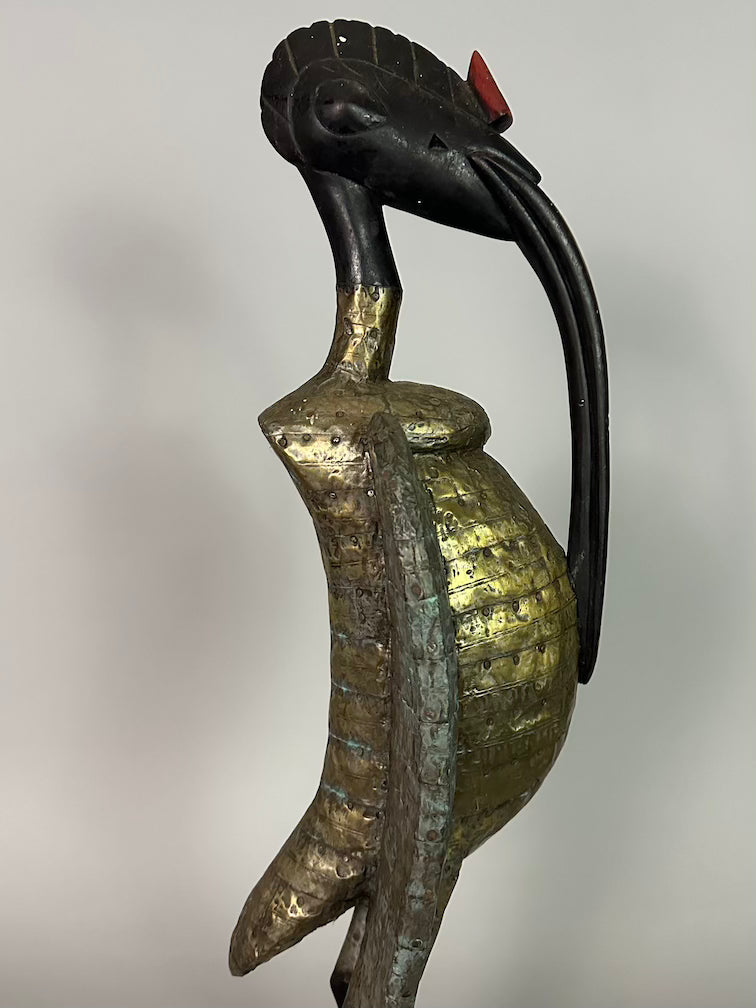Senufo Contemporary Brass Repoussé-Covered Hornbill Statue | 27" - Mali