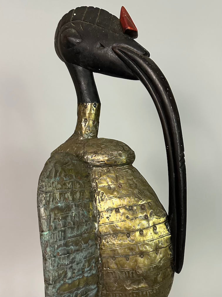 Senufo Contemporary Brass Repoussé-Covered Hornbill Statue | 27" - Mali