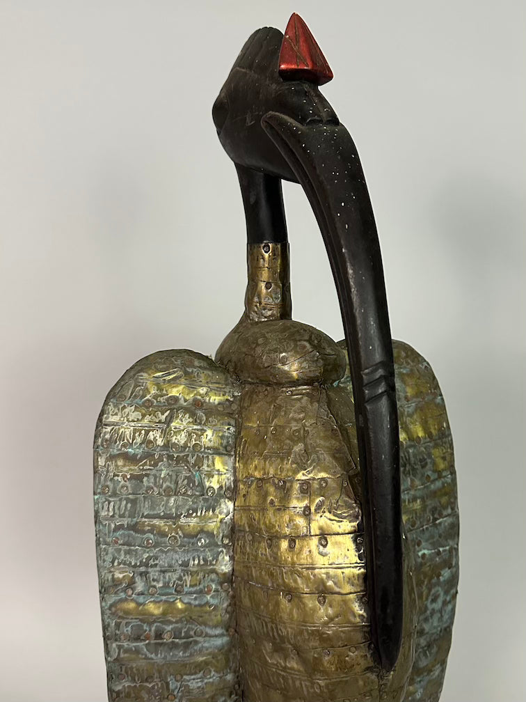 Senufo Contemporary Brass Repoussé-Covered Hornbill Statue | 27" - Mali