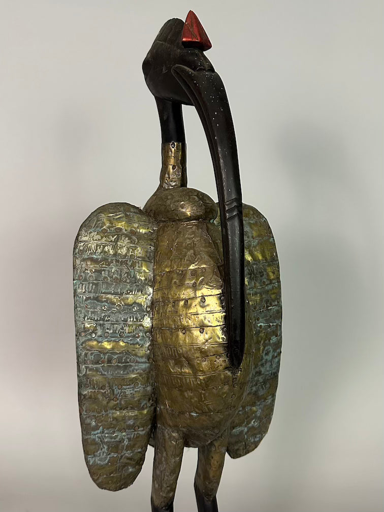 Senufo Contemporary Brass Repoussé-Covered Hornbill Statue | 27" - Mali
