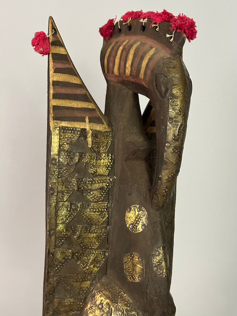 Senufo Contemporary Brass Repoussé-Covered Hornbill Statue | 21" - Mali