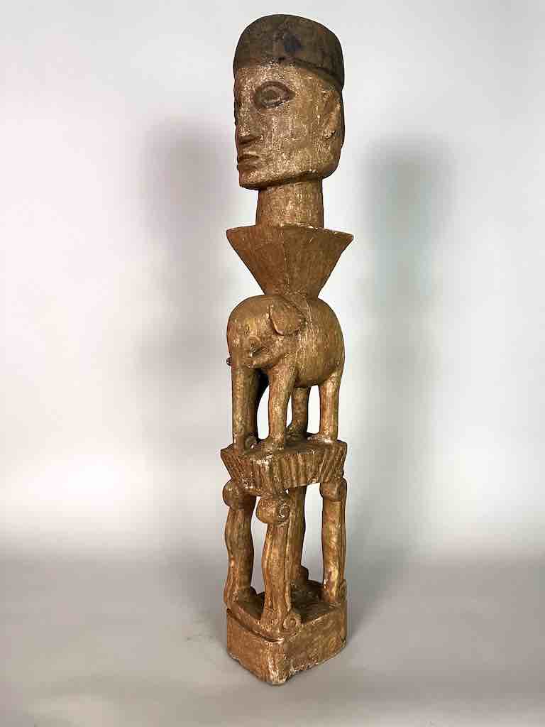 Ashanti Male Head on Elephant Fetish Tower Spirit Statue | 33"