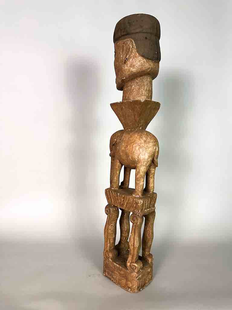 Ashanti Male Head on Elephant Fetish Tower Spirit Statue | 33"