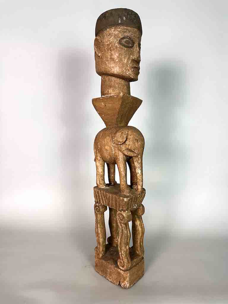 Ashanti Male Head on Elephant Fetish Tower Spirit Statue | 33"