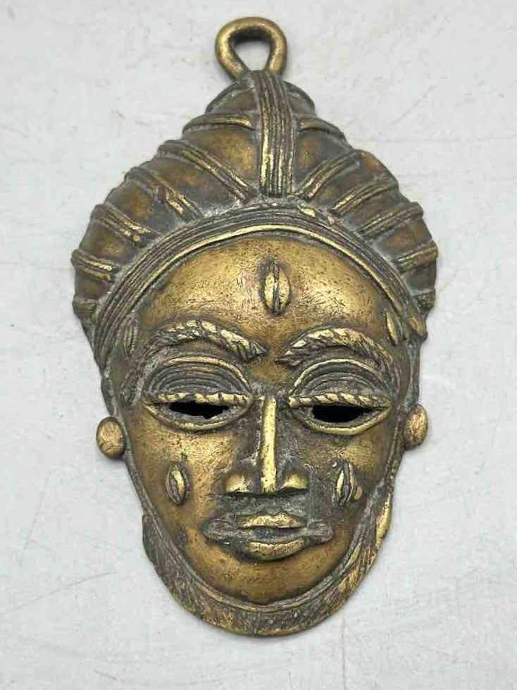 Large Exceptional African Baule Brass Mask Pendant - Ivory Coast