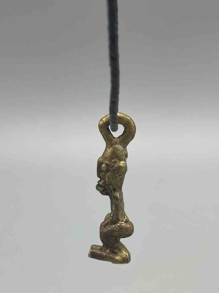 Vintage Small Brass Dogon Man Pendant on Single Strand Leather Cord Necklace
