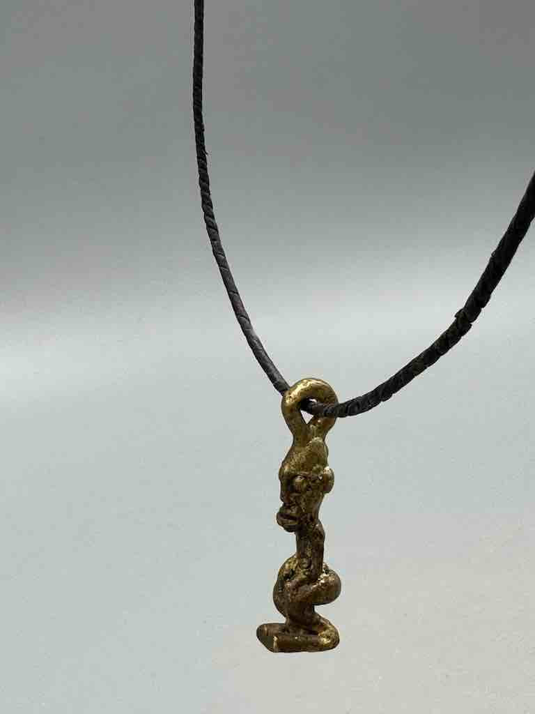 Vintage Small Brass Dogon Man Pendant on Single Strand Leather Cord Necklace