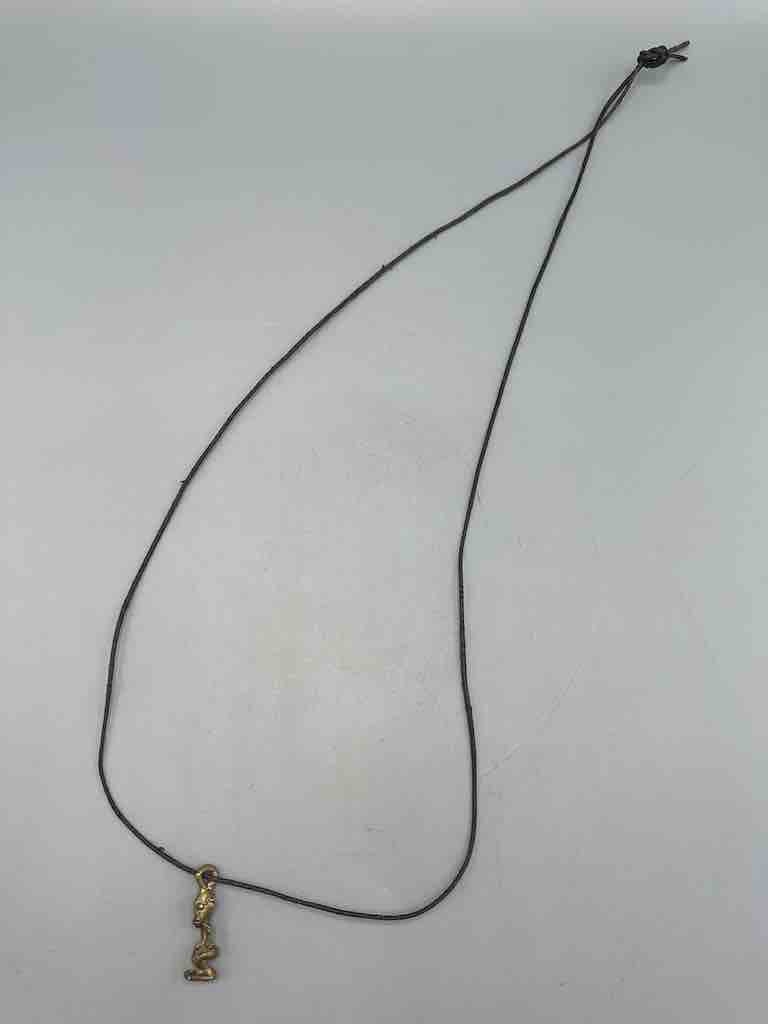 Vintage Small Brass Dogon Man Pendant on Single Strand Leather Cord Necklace
