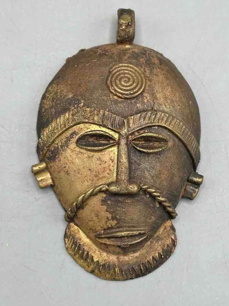 X-Large Heavy African Brass Bearded Mask Pendant - Ghana