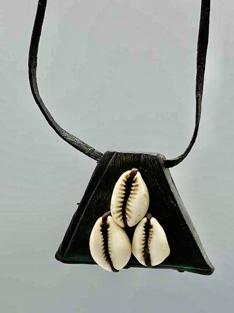 Triple Cowrie Shell Black Leather GriGri Pendant Necklace - Mali