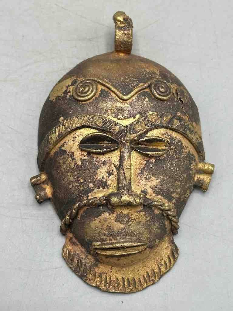 X-Large Heavy African Brass Bearded Mask Pendant - Ghana