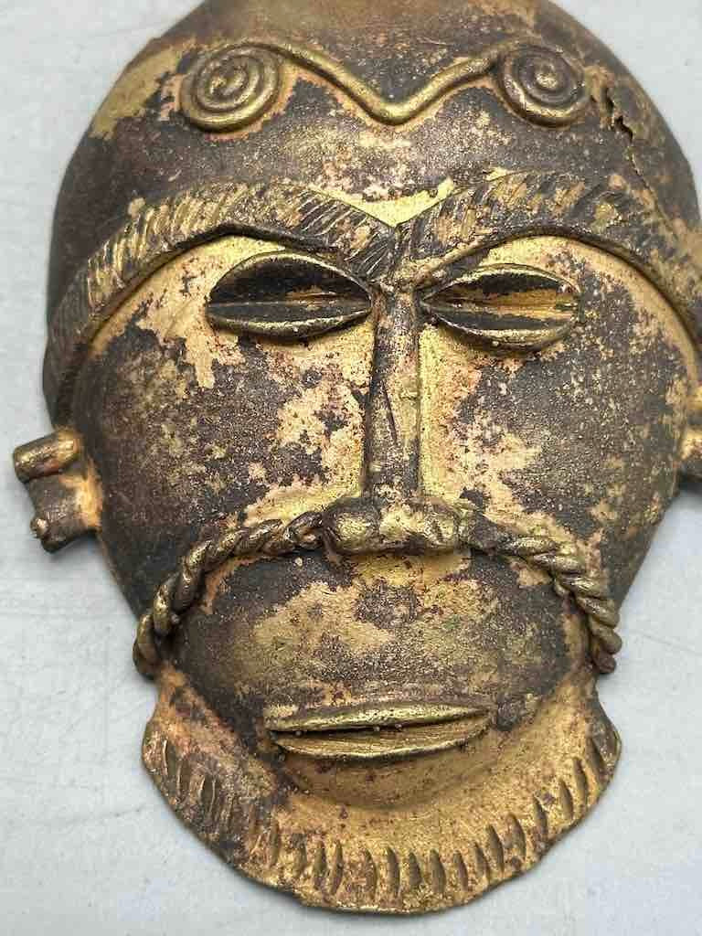 X-Large Heavy African Brass Bearded Mask Pendant - Ghana