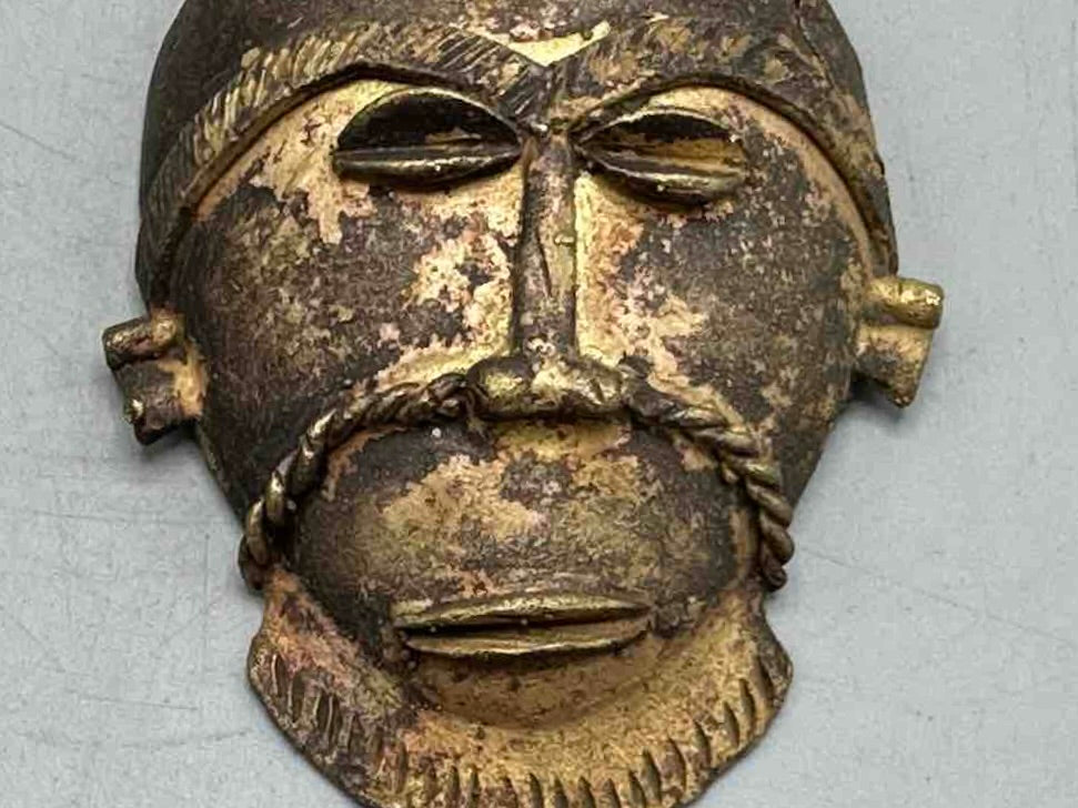 X-Large Heavy African Brass Bearded Mask Pendant - Ghana