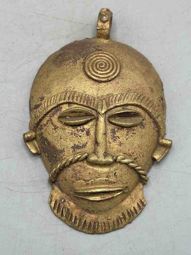X-Large Heavy African Brass Bearded Mask Pendant - Ghana
