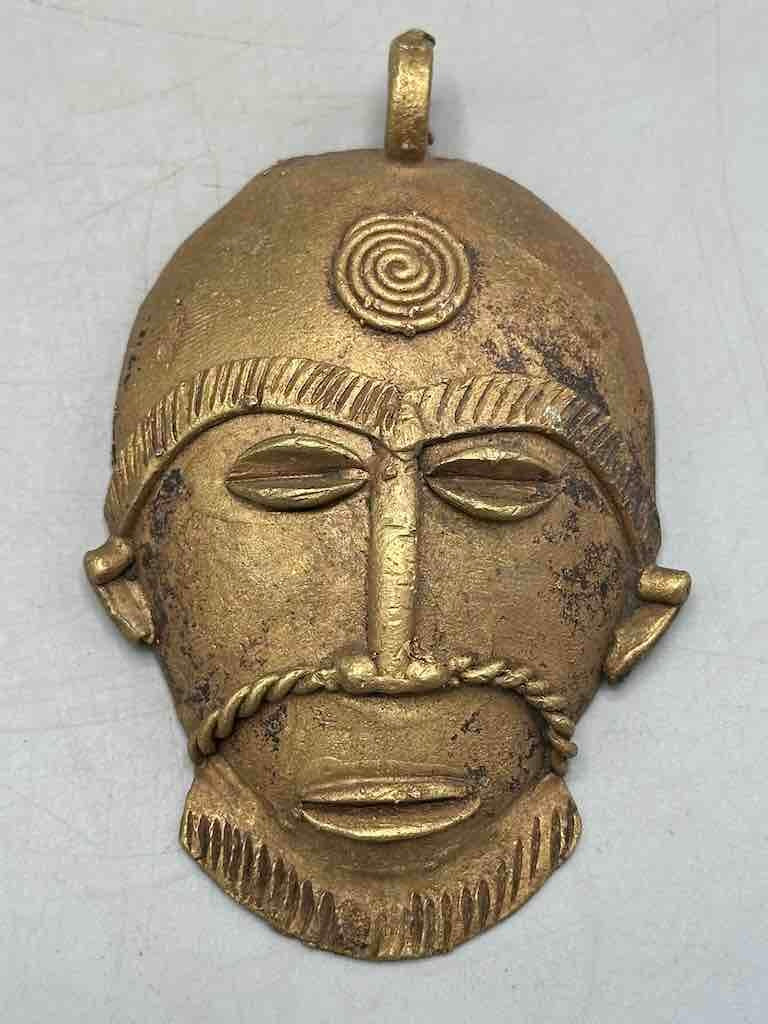 X-Large Heavy African Brass Bearded Mask Pendant - Ghana