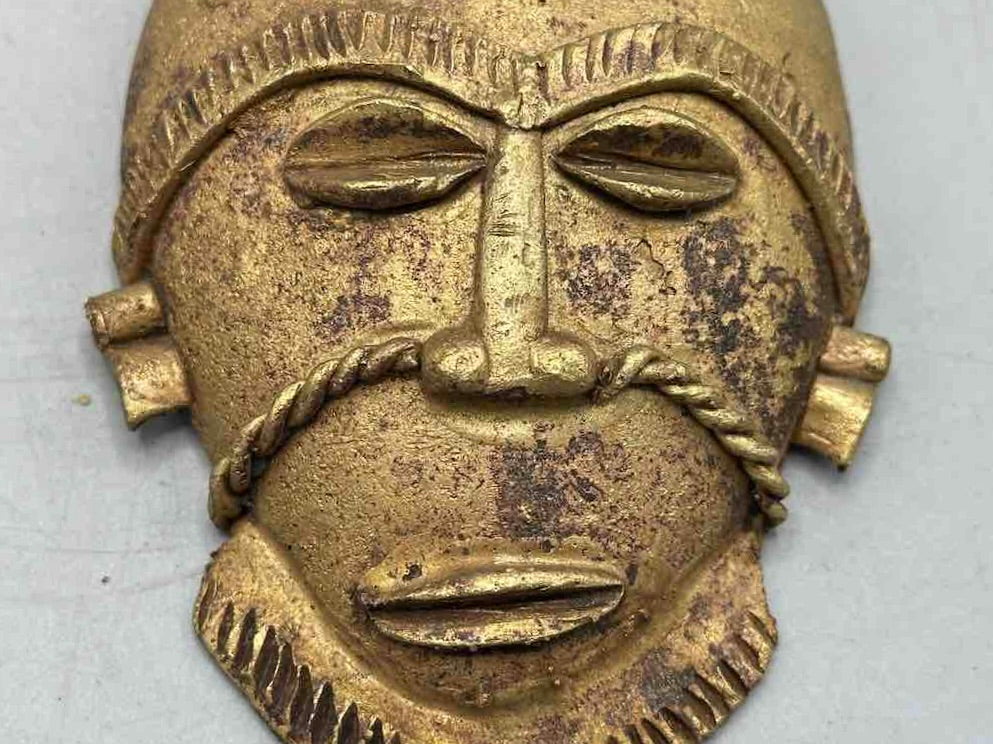 X-Large Heavy African Brass Bearded Mask Pendant - Ghana