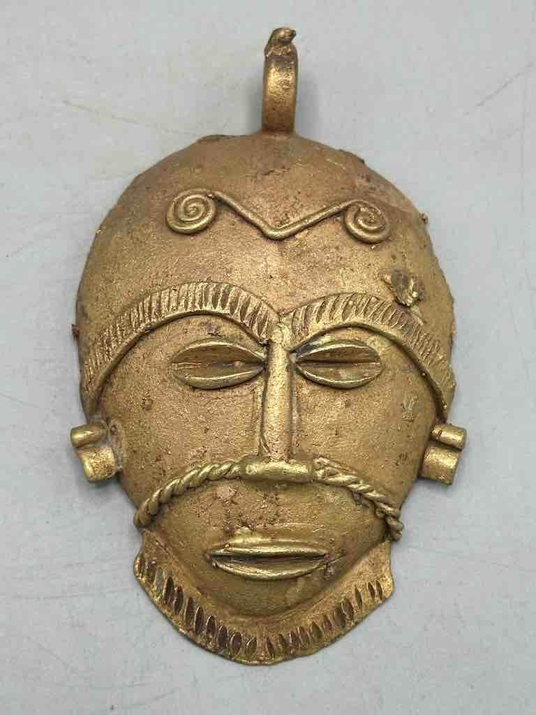 X-Large Heavy African Brass Bearded Mask Pendant - Ghana