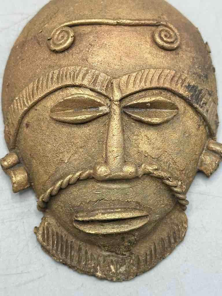 X-Large Heavy African Brass Bearded Mask Pendant - Ghana