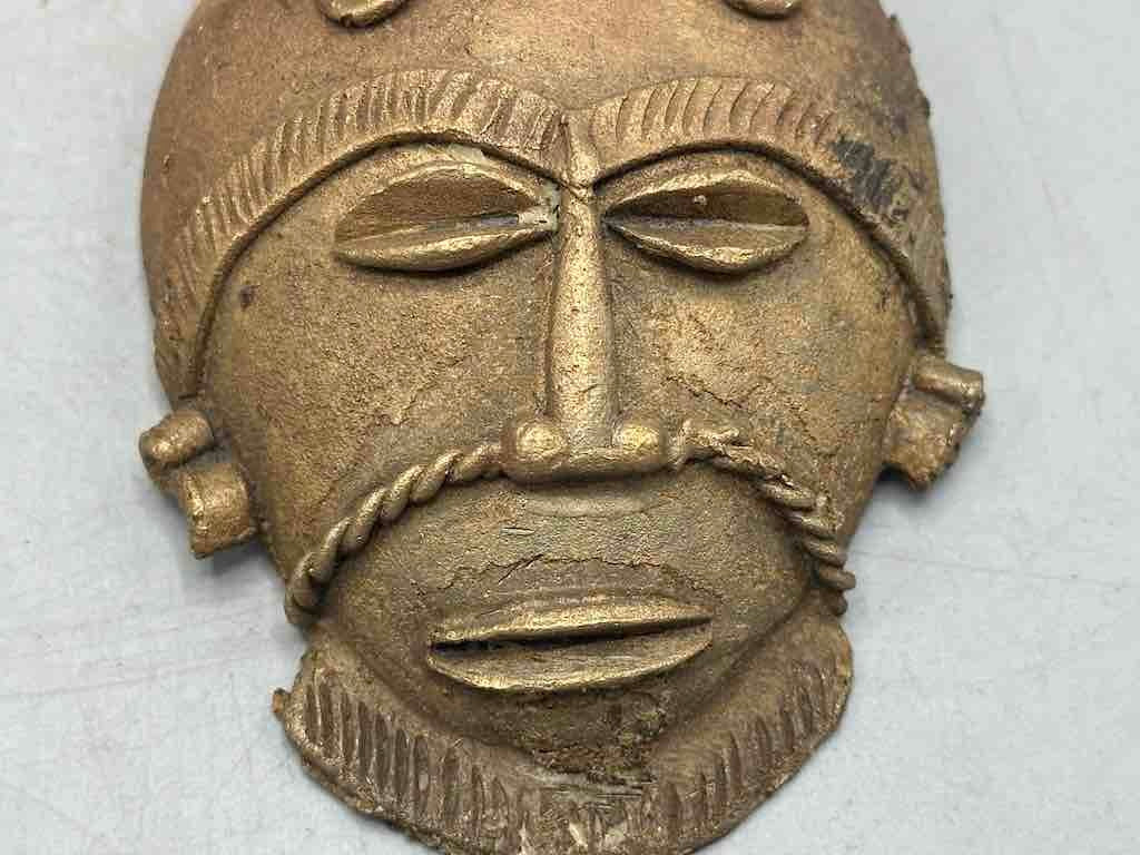 X-Large Heavy African Brass Bearded Mask Pendant - Ghana