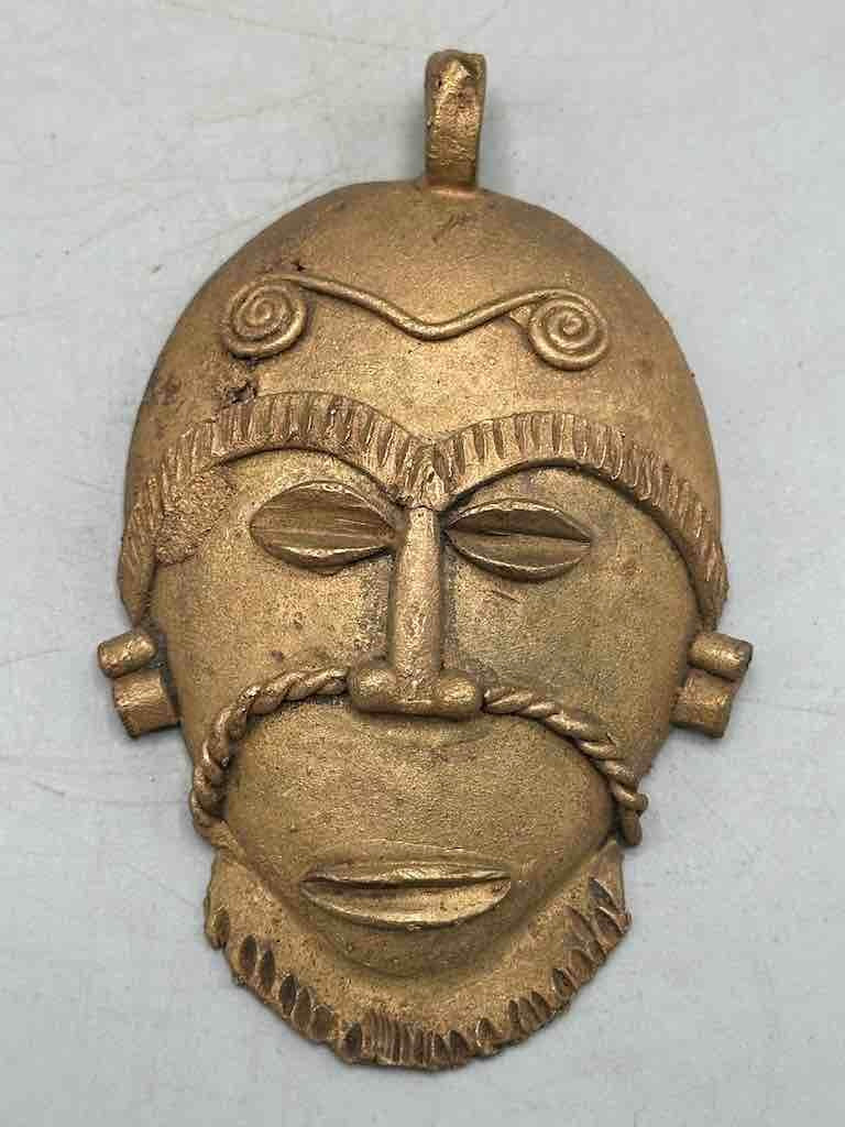 X-Large Heavy African Brass Bearded Mask Pendant - Ghana
