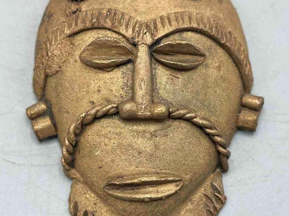 X-Large Heavy African Brass Bearded Mask Pendant - Ghana