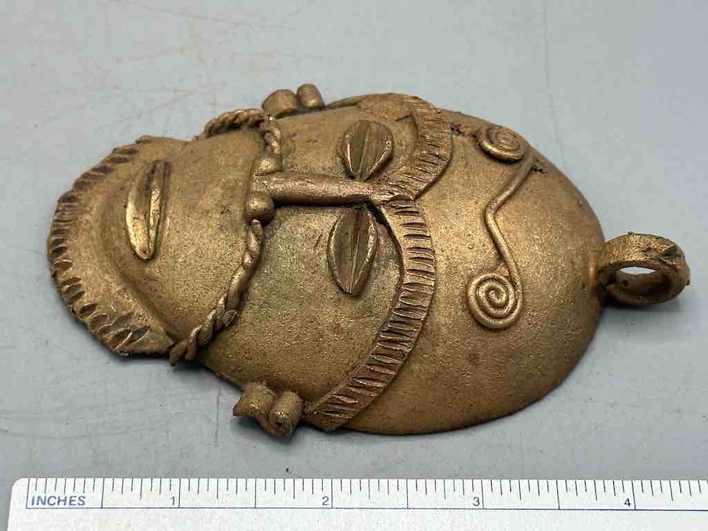 X-Large Heavy African Brass Bearded Mask Pendant - Ghana