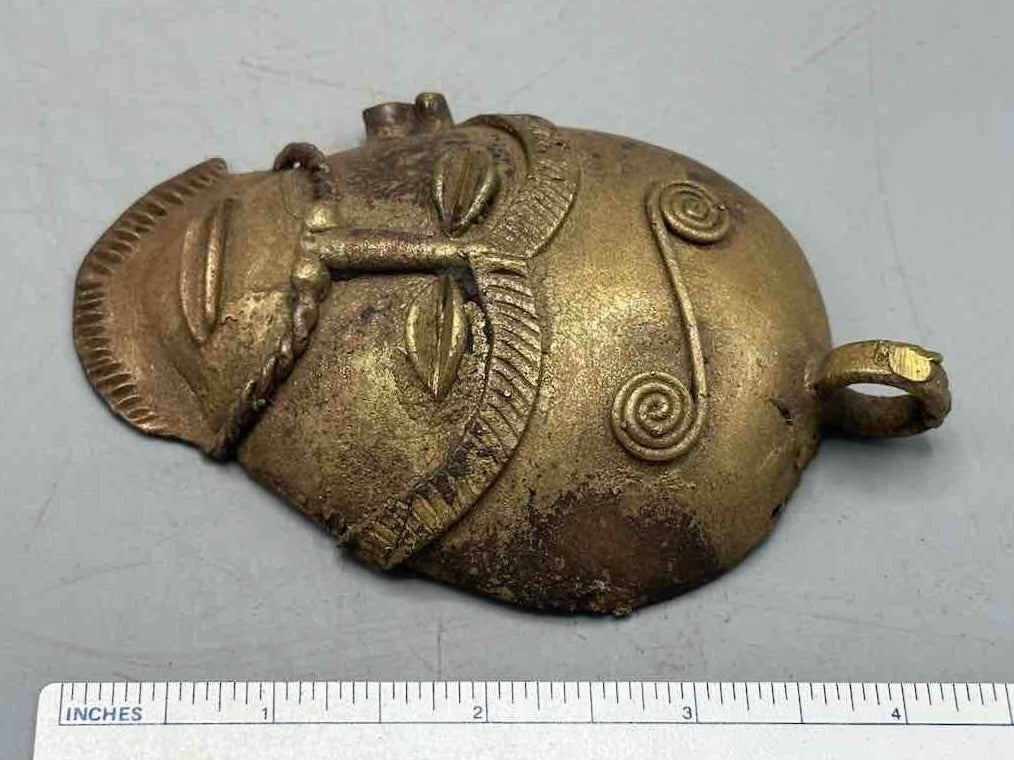 X-Large Heavy African Brass Bearded Mask Pendant - Ghana