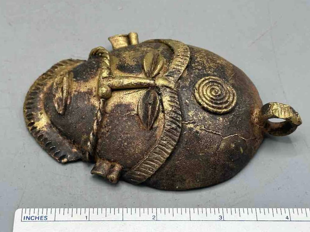 X-Large Heavy African Brass Bearded Mask Pendant - Ghana