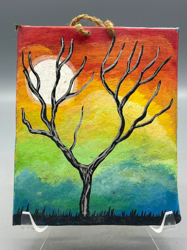 Original Small Bare Tree Painting on Canvas-covered Wood from El Salvador