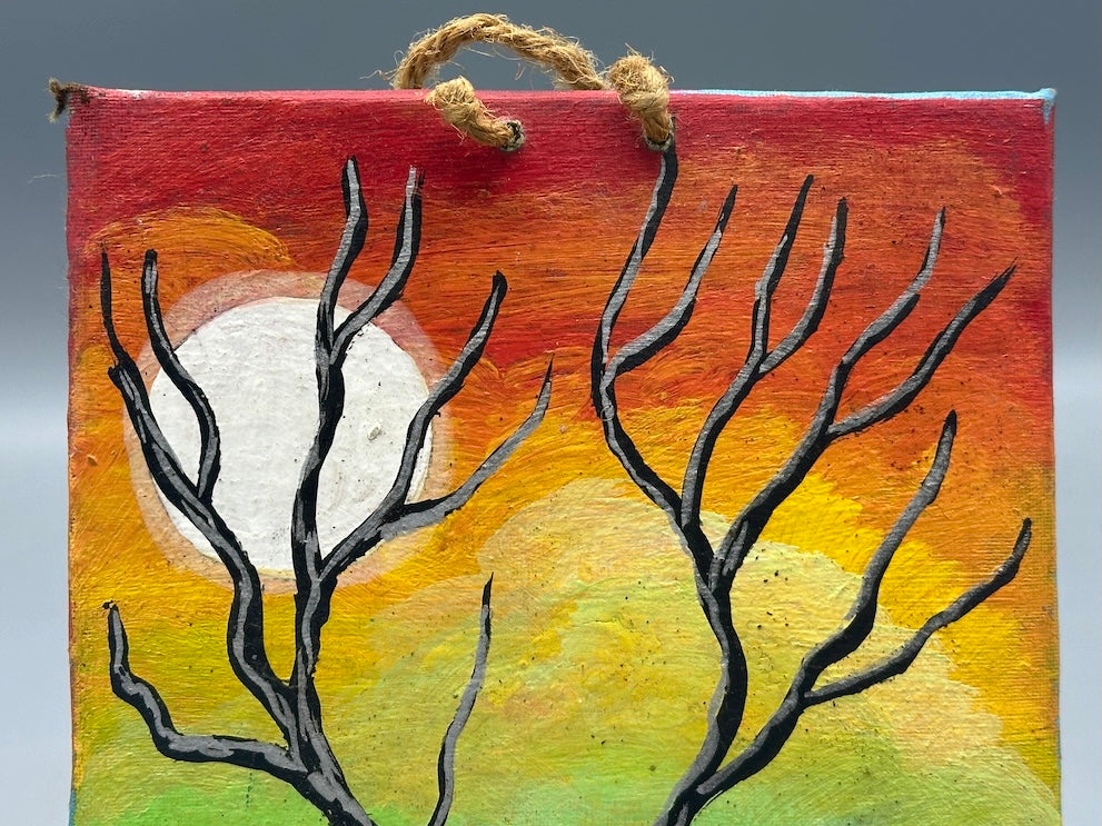 Original Small Bare Tree Painting on Canvas-covered Wood from El Salvador