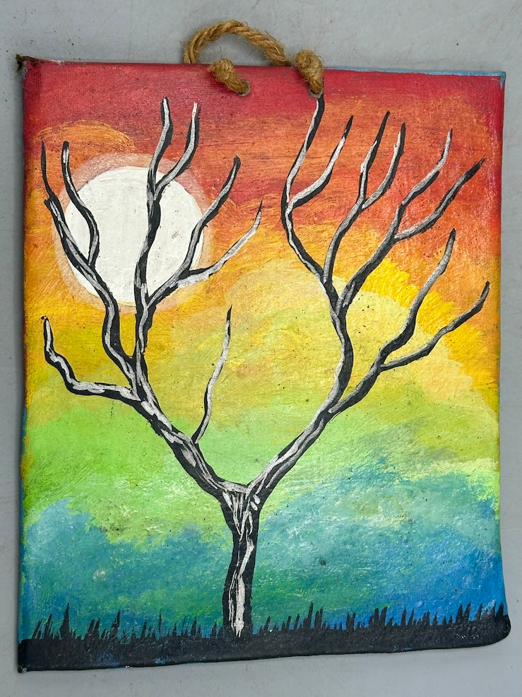 Original Small Bare Tree Painting on Canvas-covered Wood from El Salvador
