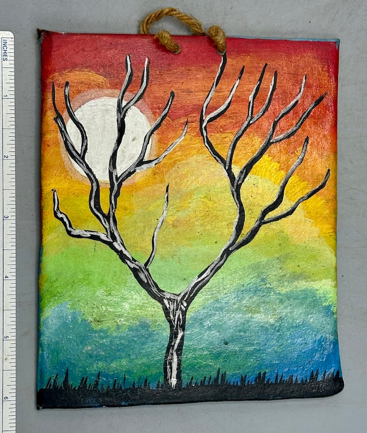 Original Small Bare Tree Painting on Canvas-covered Wood from El Salvador