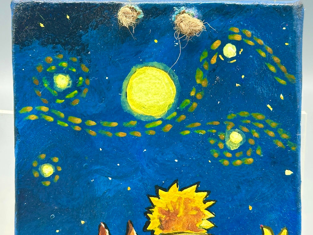 Original Small Star-Gazing Painting on Canvas-covered Wood from El Salvador