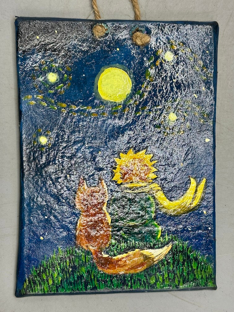 Original Small Star-Gazing Painting on Canvas-covered Wood from El Salvador