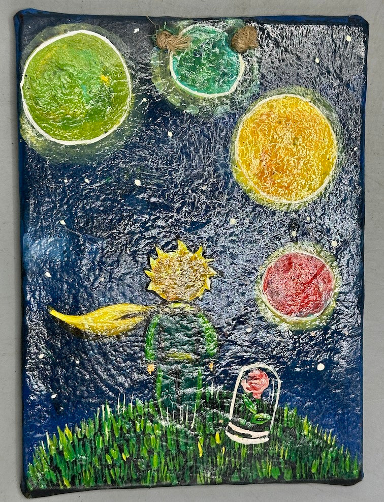 Original Small Star-Gazing Painting on Canvas-covered Wood from El Salvador