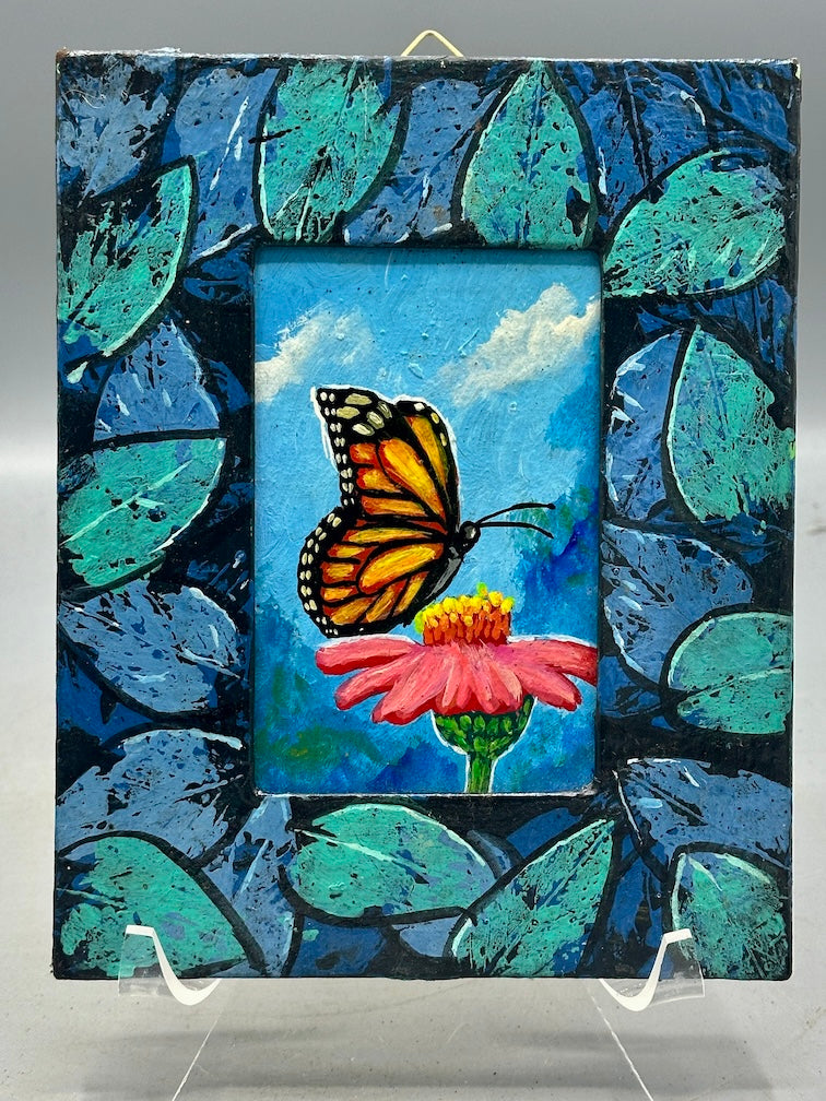 Original Framed Tropical Butterfly Painting on Wood from El Salvador