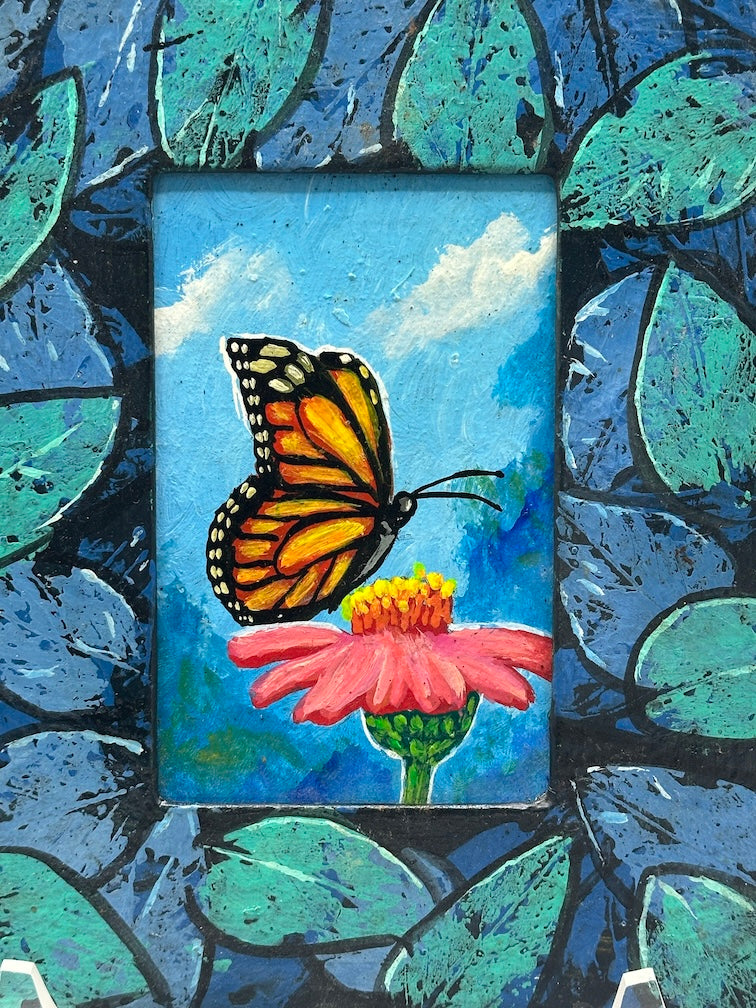 Original Framed Tropical Butterfly Painting on Wood from El Salvador