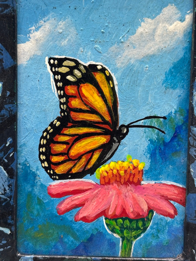 Original Framed Tropical Butterfly Painting on Wood from El Salvador